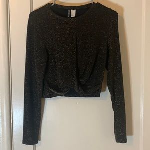 Black, gold, crop top, long sleeve blouse